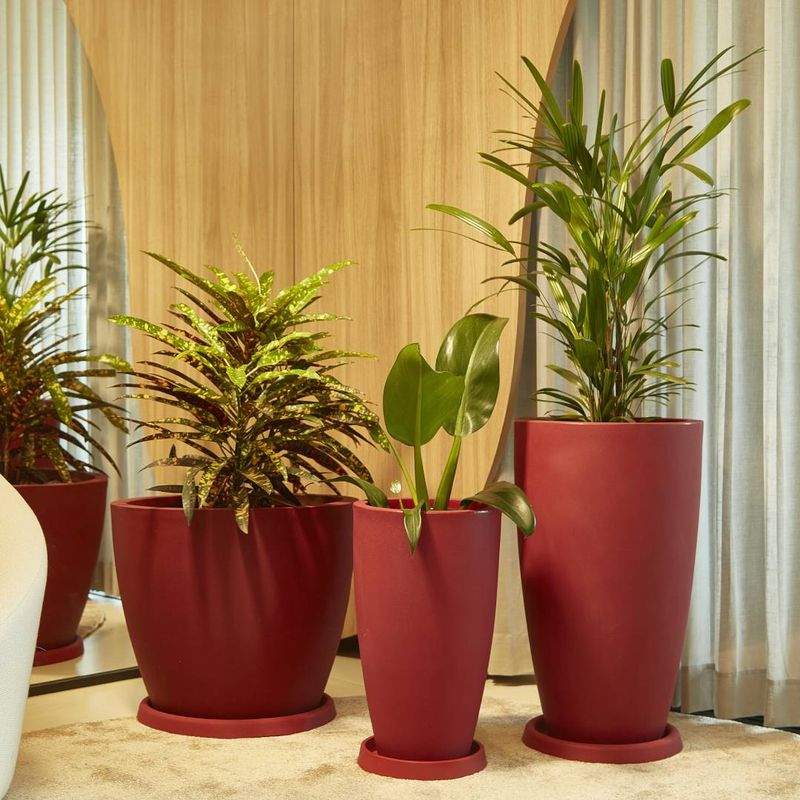 KIT DE 3 VASOS VIETNAMITA VERMELHOS COM PRATOS